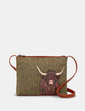 Green Herringbone Tweed & Brown Leather Cross Body Grab Bag With Highland Cow Coo Applique