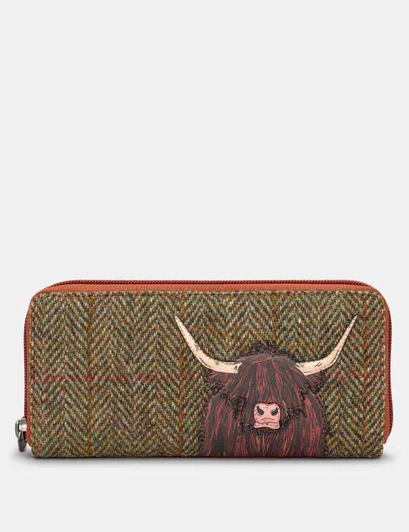 Green Herringbone Tweed & Brown Leather Zip Round Purse Wallet With Highland Cow Applique RFID Protection