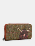 Green Herringbone Tweed & Brown Leather Zip Round Purse Wallet With Highland Cow Applique RFID Protection