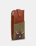 Green Herringbone Tweed & Brown Leather Hobo Handbag With Highland Cow Applique RFID Protection