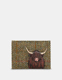 Green Herringbone Tweed & Brown Leather Academy Card Holder With Highland Cow Applique RFID Protection