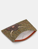 Green Herringbone Tweed & Brown Leather Academy Card Holder With Highland Cow Applique RFID Protection