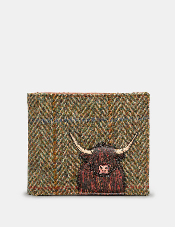 Green Herringbone Tweed & Brown Leather Two Fold Mens Wallet With Highland Cow Coo Applique