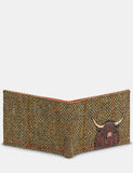Green Herringbone Tweed & Brown Leather Two Fold Mens Wallet With Highland Cow Coo Applique