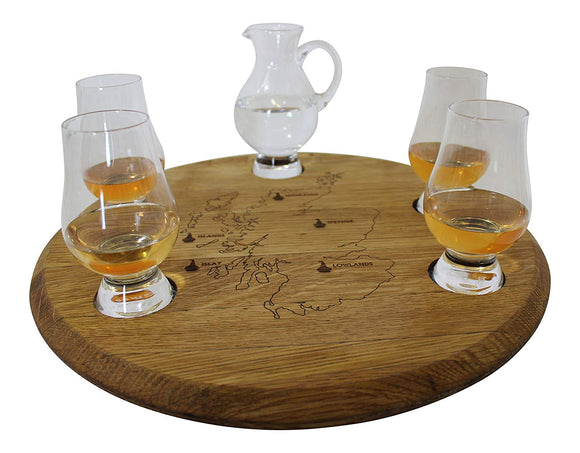 Oak Wood Scottish Whisky Barrel Tasting Set with 4 Glencairn Glasses & Water Jug