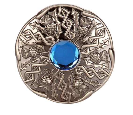 Scottish Celtic Thistle Brushed Antique Plaid Brooch With Coloured Stone Insert