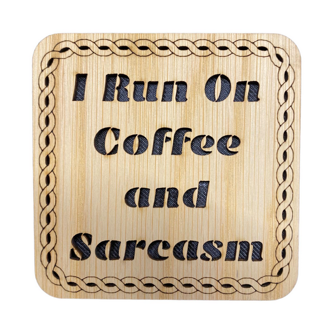 Wooden "Coffee And Sarcasm" Coaster - 4 Tartans
