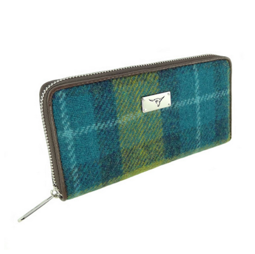 Sea Blue & Green Tartan Check Harris Tweed Ladies Staffa Zip Round Purse Wallet