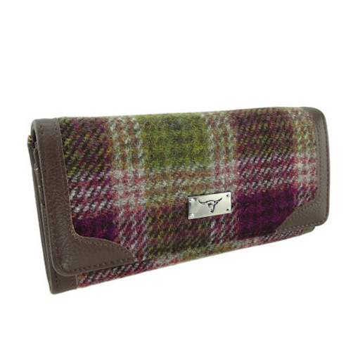 Harris Tweed Heather Purple Green Basket Weave Tartan Check Long Purse Wallet