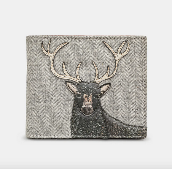 Grey Herringbone Tweed & Brown Leather Two Fold Mens Wallet With Highland Stag Applique