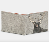 Grey Herringbone Tweed & Brown Leather Two Fold Mens Wallet With Highland Stag Applique