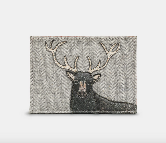 Grey Herringbone Stag & Brown Leather Academy Card Holder With RFID Protection