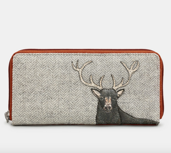 Brown Leather Grey Tweed Highland Stag Zip Around Purse With RFID Protection