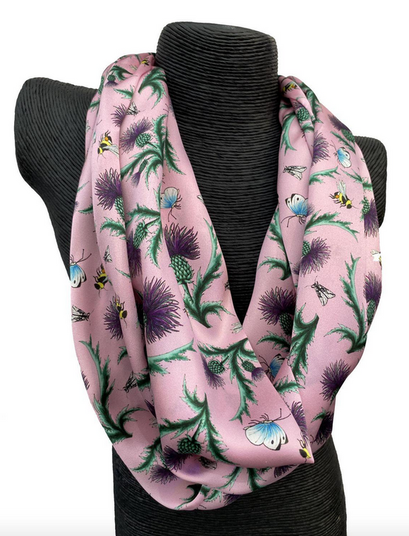 Ladycrow Silks Luxurious Silk Satin Scarf In Blush Pink With Thistle Detail