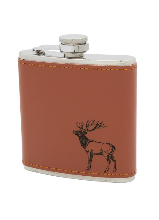 Stunning 6oz Tan Leather Stainless Steel Hip Flask With Scottish Stag Applique