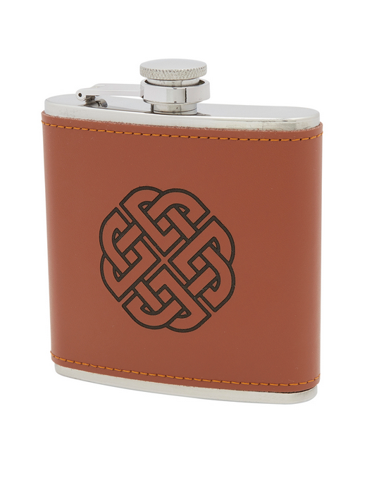 Stunning 6oz Tan Leather Stainless Steel Hip Flask With Celtic Knot Applique