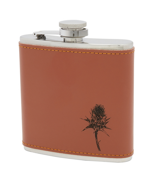 Stunning 6oz Leather Stainless Steel Hip Flask With Scottish Thistle Applique
