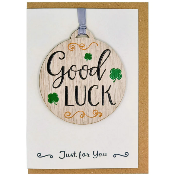 Lovely 'Good Luck' Encouragement Clover Shamrock Card With Wooden Hanger Keepsake