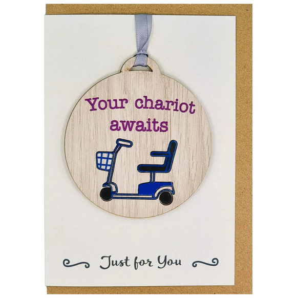Lovely 'Your Chariot Awaits' Birthday Retirement Card With Wooden Hanger Keepsake