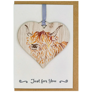 Lovely Scottish Highland Cow Card With Wooden Heart Hanger Keepsake