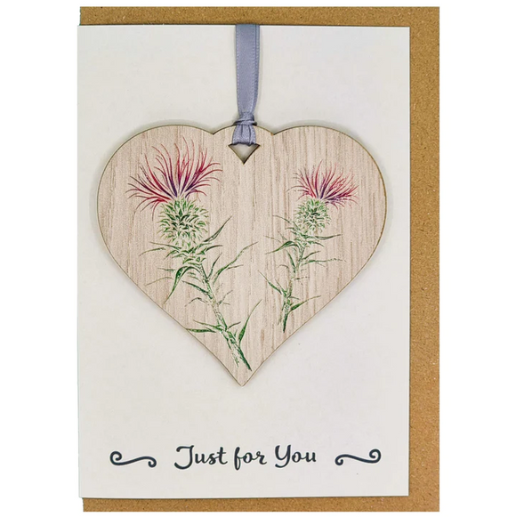 Lovely Scottish Thistle Flower Card With Wooden Heart Hanger Keepsake