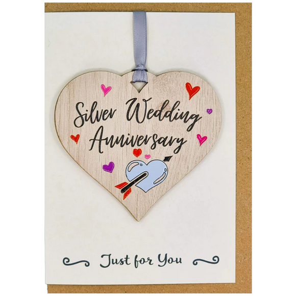 Lovely Scottish Silver 25th Wedding Anniversary Celebration Card With Wooden Heart Hanger Gift Keepsake