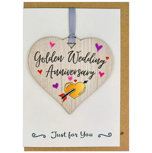 Lovely Scottish Gold 50th Wedding Anniversary Celebration Card With Wooden Heart Hanger Gift Keepsake