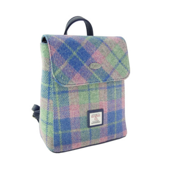 Pastel Blue Green Pink Tartan Check Harris Tweed 'Mini' Backpack Handbag Purse