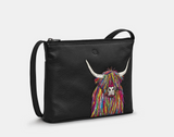 Black Leather Rainbow Scottish Highland Cow Cross Body Bag