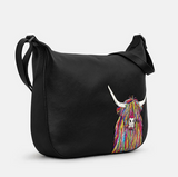 Black Leather Rainbow Scottish Highland Cow Coo Hobo Shoulder Handbag Purse