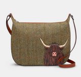 Green Tweed & Brown Leather Hobo Handbag With Highland Cow Applique RFID