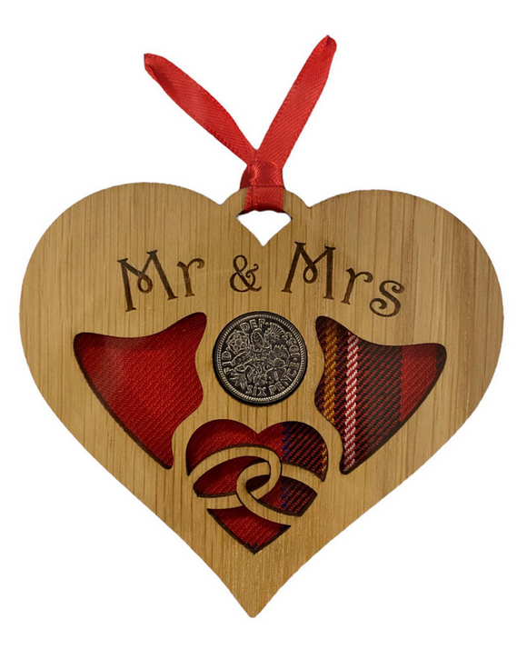 Lovely Wooden Wedding Heart Lucky Sixpence Hanger - Mr & Mrs - 3 Tartans Available