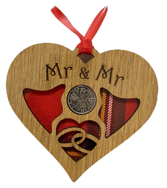 Lovely Wooden Wedding Heart Lucky Sixpence Hanger - Mr & Mr - 3 Tartans Available