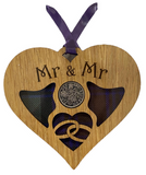 Lovely Wooden Wedding Heart Lucky Sixpence Hanger - Mr & Mr - 3 Tartans Available