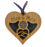Lovely Wooden Wedding Heart Lucky Sixpence Hanger - Mrs & Mrs - 3 Tartans Available