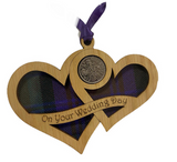 Lovely Double Wooden Wedding Heart Lucky Sixpence Hanger - On Your Wedding Day - 3 Tartans Available