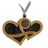 Lovely Double Wooden Wedding Heart Lucky Sixpence Hanger - On Your Wedding Day - 3 Tartans Available
