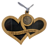 Lovely Double Wooden Wedding Heart Lucky Sixpence Hanger - On Your Engagement - 3 Tartans Available