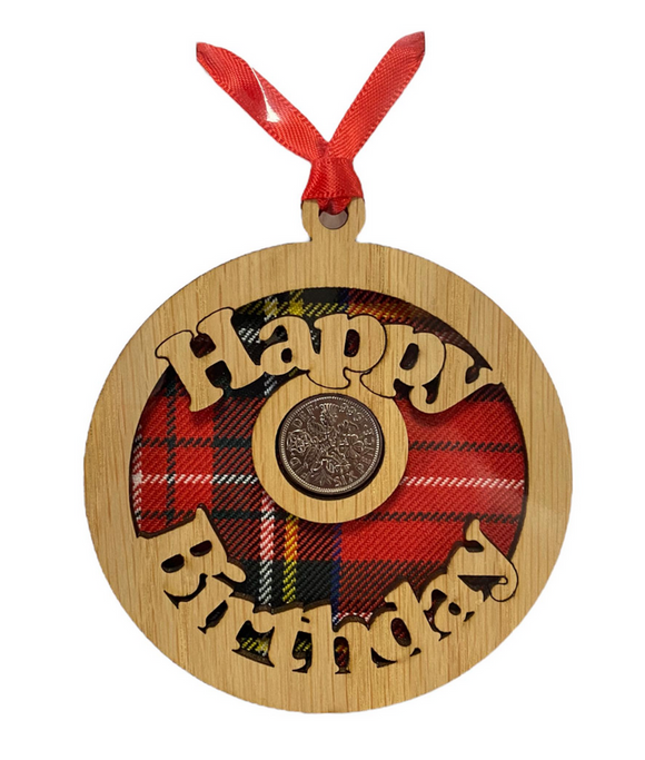 Lovely Wooden Birthday Lucky Sixpence Hanger - 3 Tartans Available