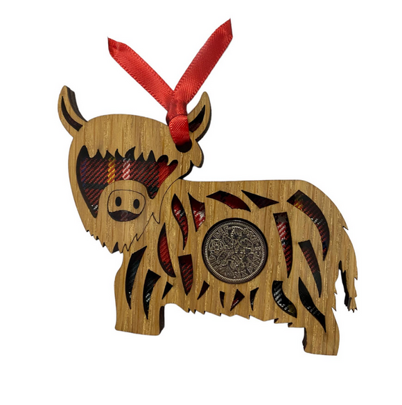 Lovely Wooden Scottish Highland Cow Coo Lucky Sixpence Hanger - 3 Tartans Available
