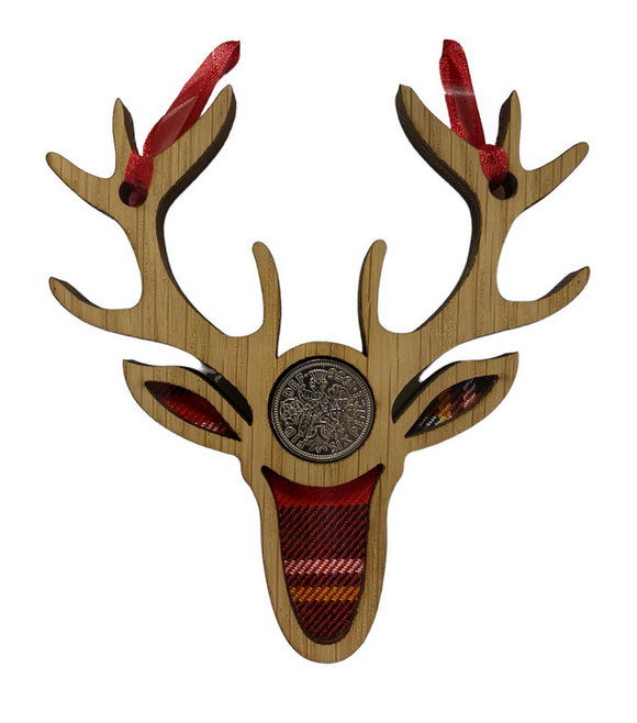 Lovely Wooden Scottish Highland Stag Lucky Sixpence Hanger - 3 Tartans Available