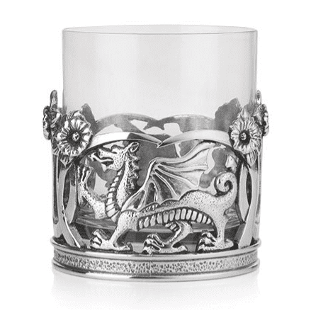 Stunning Pewter Welsh Dragon & Daffodil Whisky Tumbler Glass