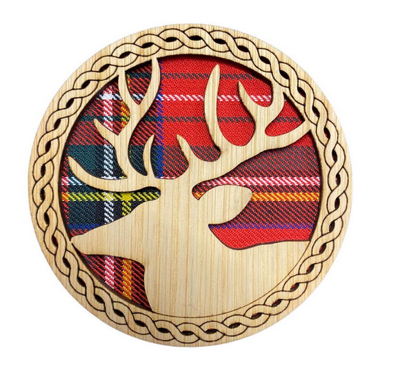 Handmade Scottish Wooden Tartan Highland Stag Circle Coaster - 3 Tartans Available