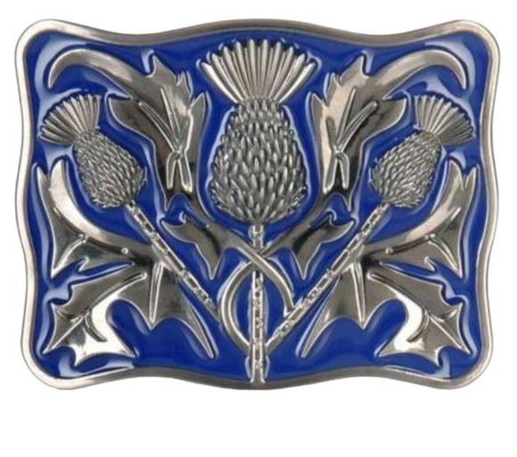 Stunning Antique Scottish Celtic Thistle Kilt Belt Buckle Blue Enamelled Chrome