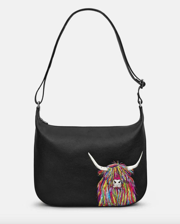 Black Leather Rainbow Scottish Highland Cow Coo Hobo Shoulder Handbag Purse