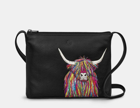 Black Leather Rainbow Scottish Highland Cow Cross Body Bag
