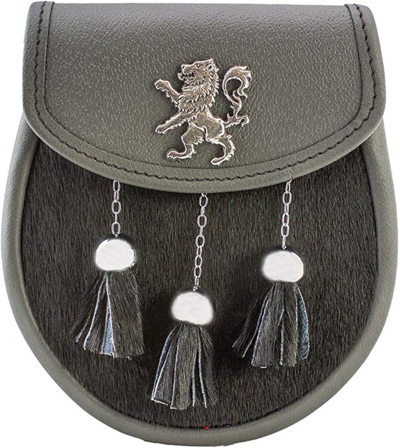 Semi Dress Grey Leather Sporran With Polished Chrome Scottish Lion Rampant Badge